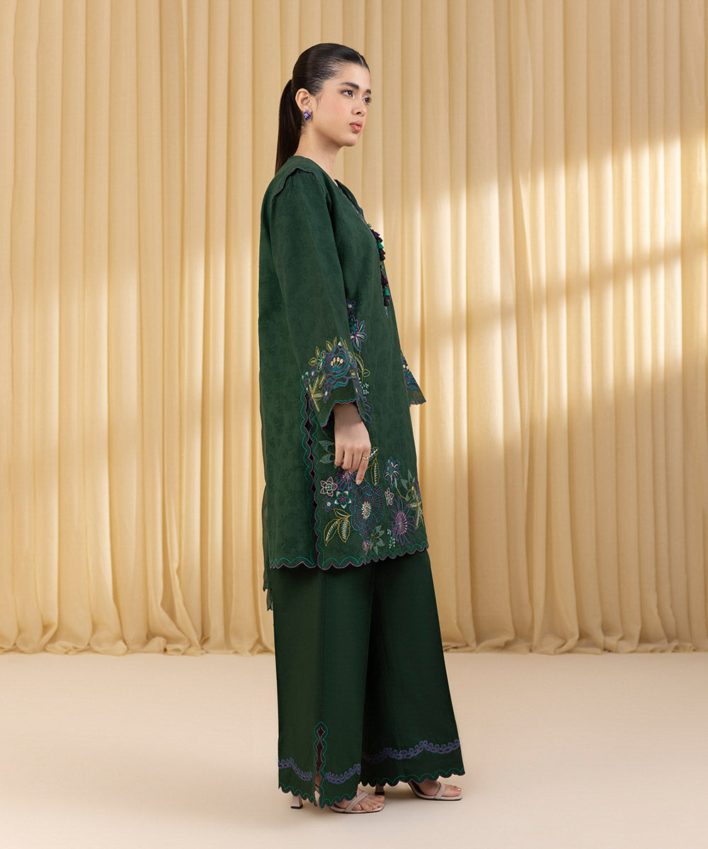 Unstitched Women's Green Cotton Jacquard 3 Piece Suit