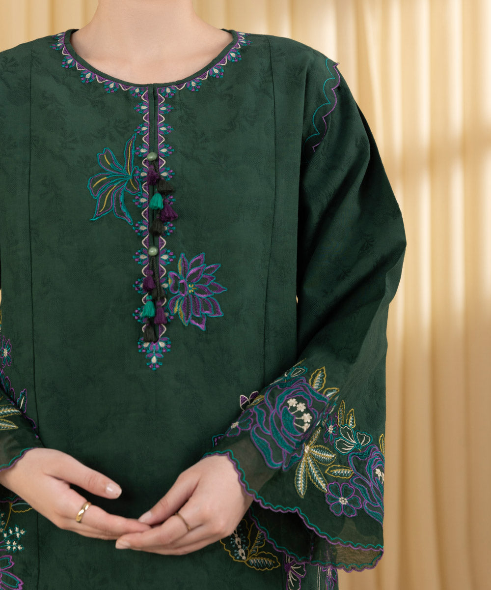 Unstitched Women's Green Cotton Jacquard 3 Piece Suit