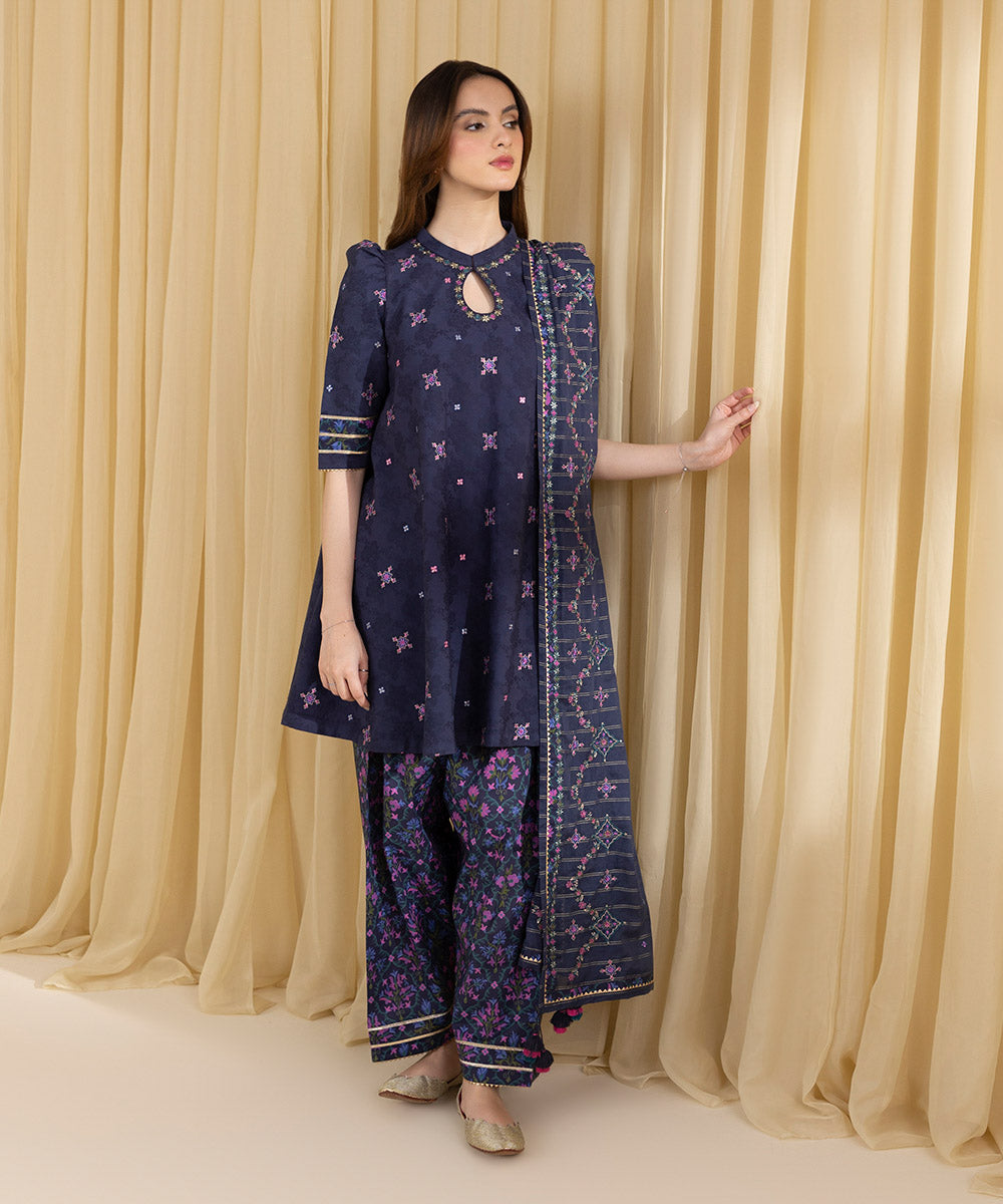 Unstitched Women's Blue Cotton Jacquard 3 Piece Suit