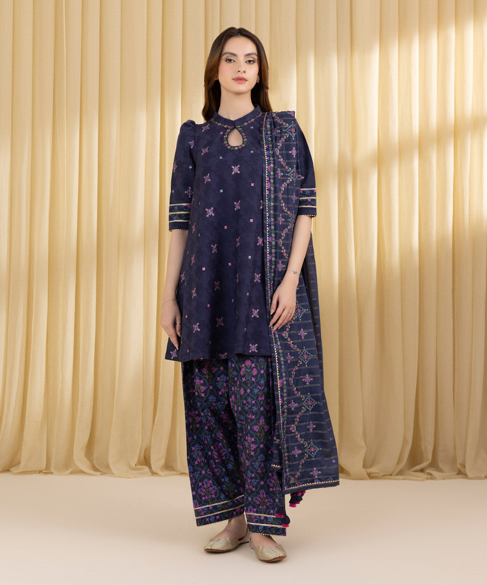 Unstitched Women's Blue Cotton Jacquard 3 Piece Suit
