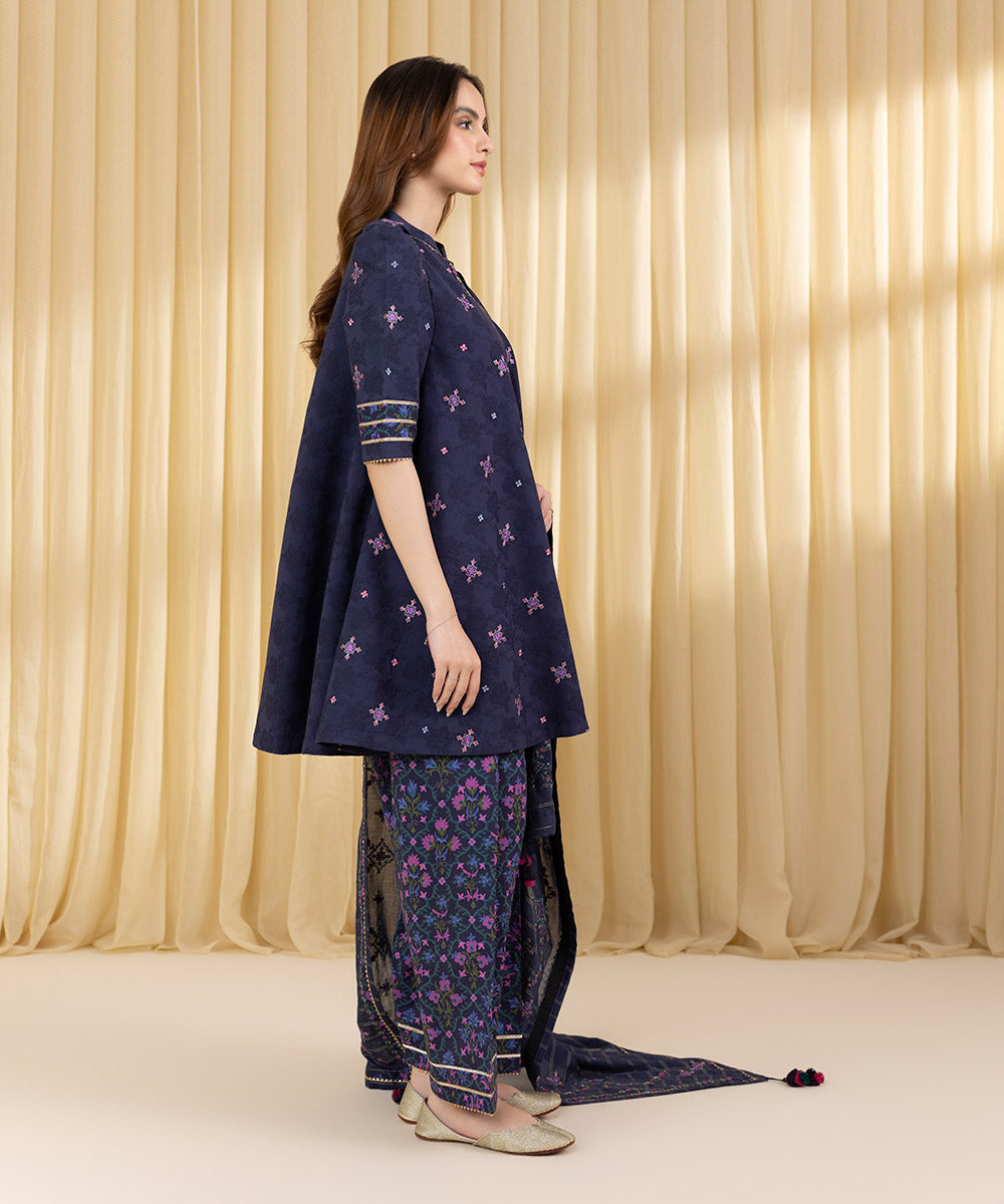 Unstitched Women's Blue Cotton Jacquard 3 Piece Suit