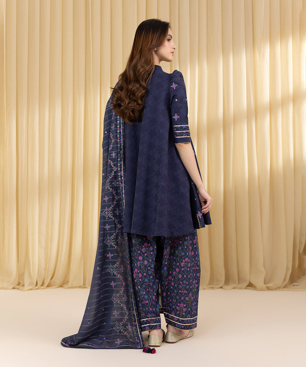 Unstitched Women's Blue Cotton Jacquard 3 Piece Suit