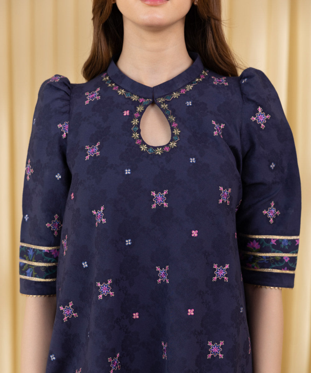 Unstitched Women's Blue Cotton Jacquard 3 Piece Suit