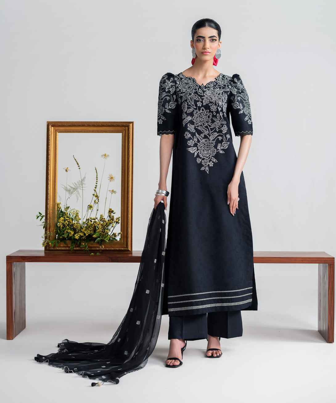 Women's Unstitched Cotton Jacquard Embroidered Black 3 Piece Suit