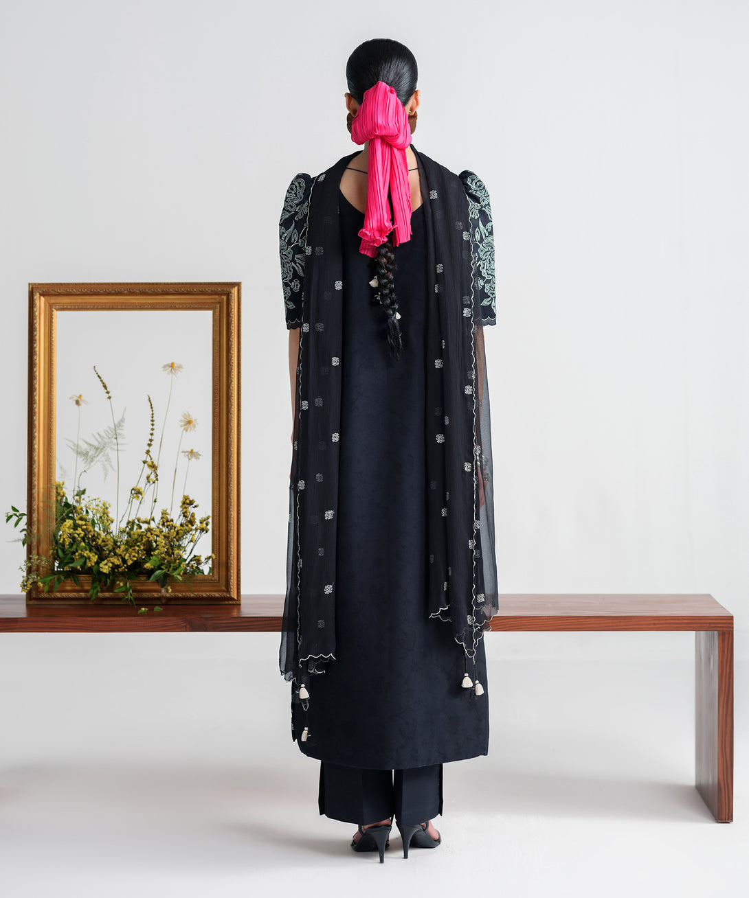Women's Unstitched Cotton Jacquard Embroidered Black 3 Piece Suit