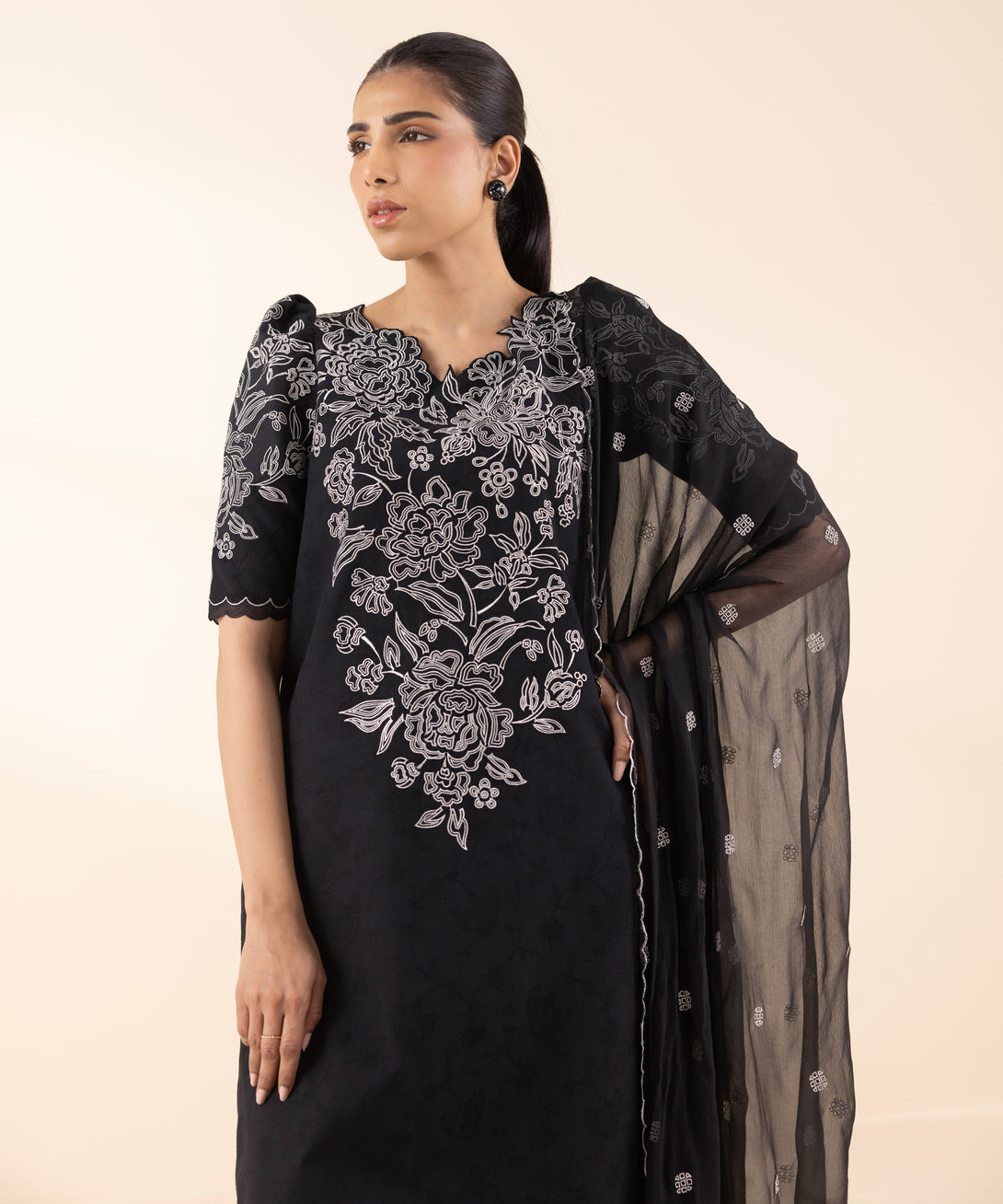 Women's Unstitched Cotton Jacquard Embroidered Black 3 Piece Suit