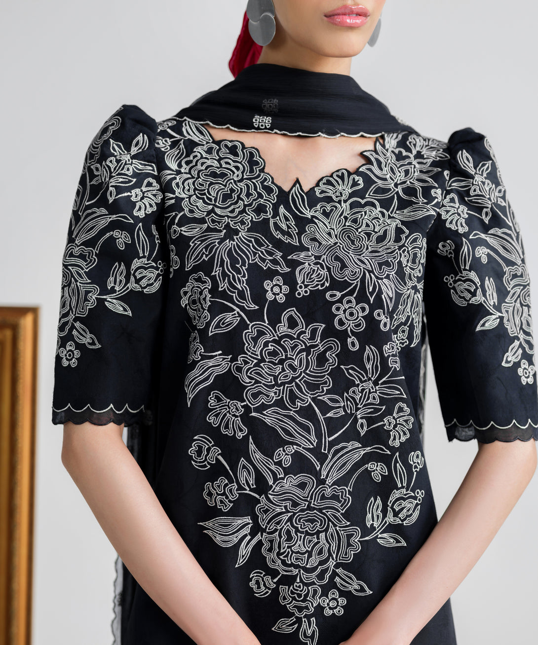 Women's Unstitched Cotton Jacquard Embroidered Black 3 Piece Suit