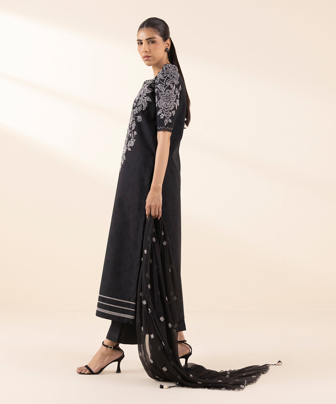 Women's Unstitched Cotton Jacquard Embroidered Black 3 Piece Suit