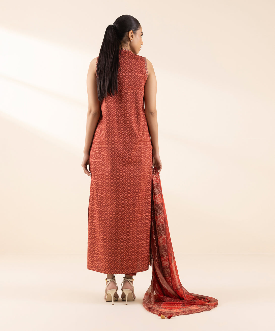 Women's Unstitched Dobby Embroidered Red 3 Piece Suit