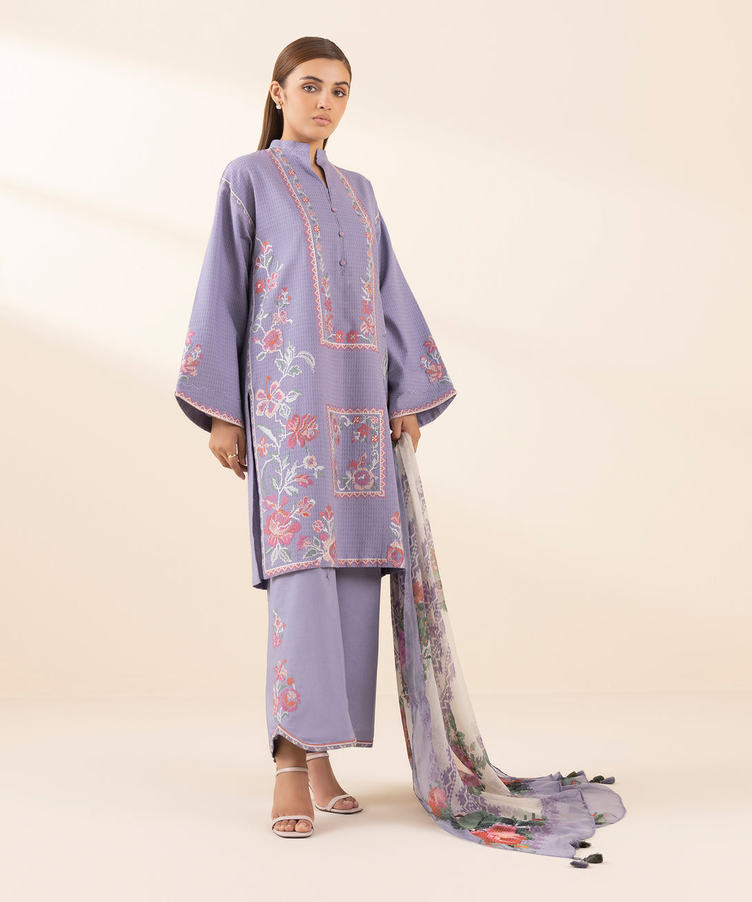 Women's Unstitched Dobby Embroidered Purple 3 Piece Suit