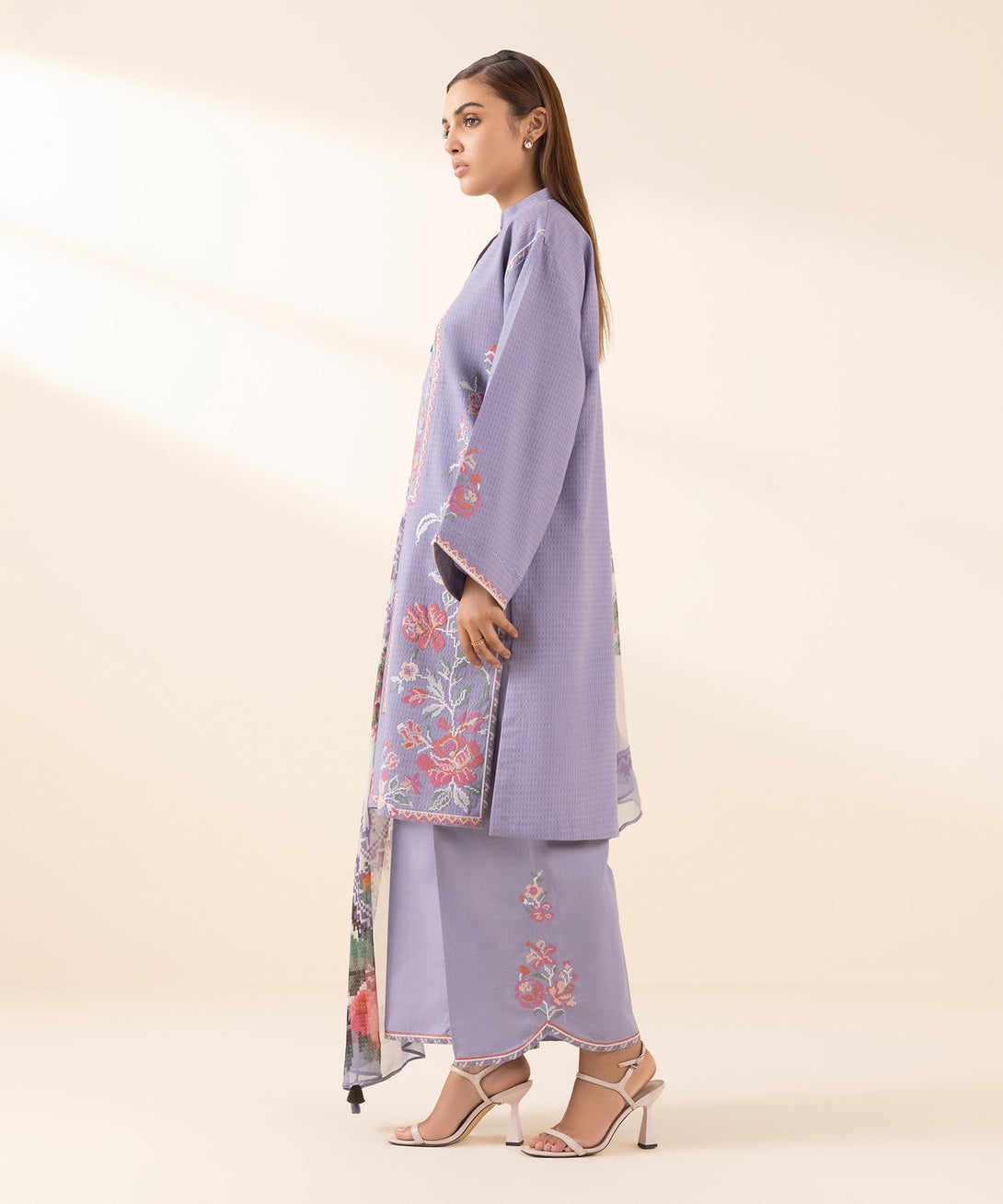 Women's Unstitched Dobby Embroidered Purple 3 Piece Suit