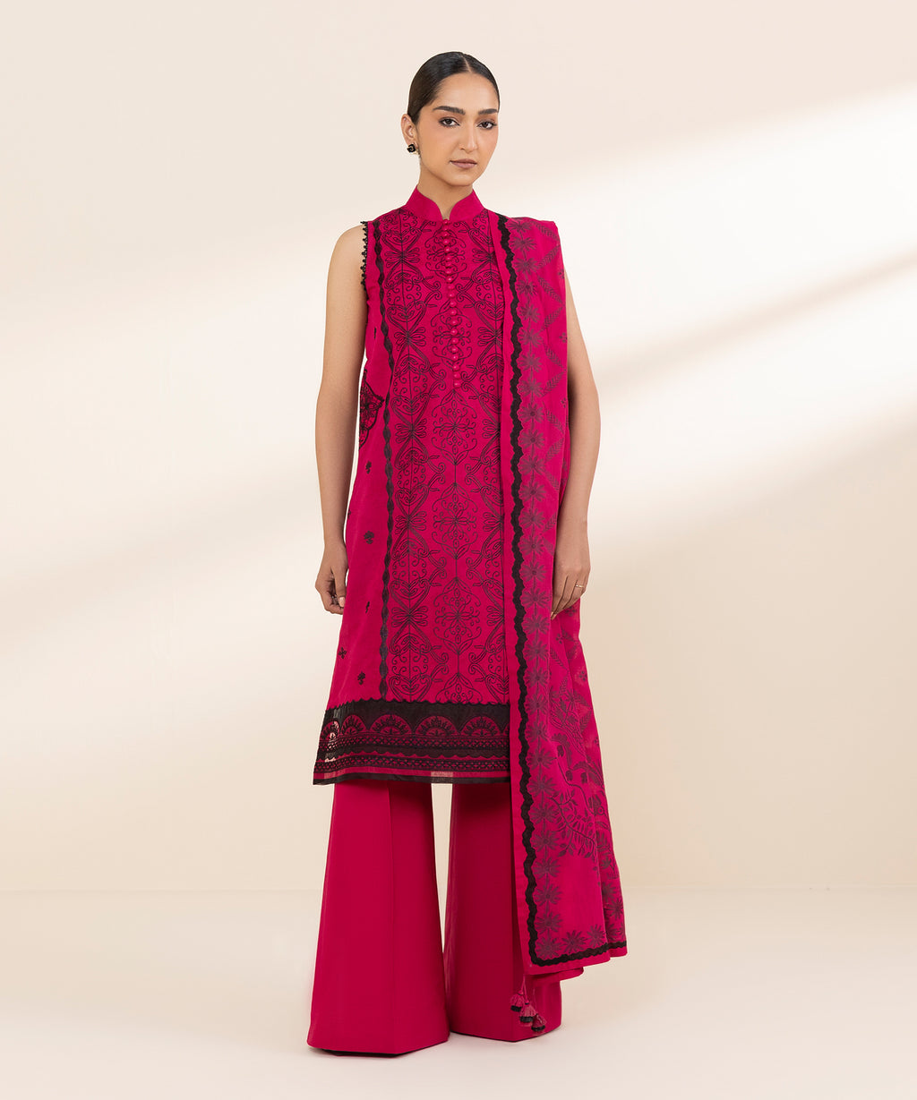Women's Unstitched Cotton Jacquard Embroidered Pink 3 Piece Suit