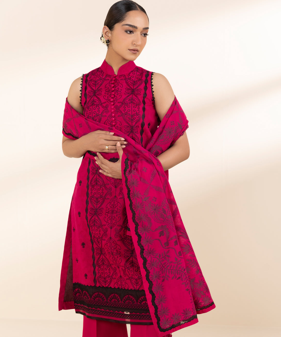 Women's Unstitched Cotton Jacquard Embroidered Pink 3 Piece Suit