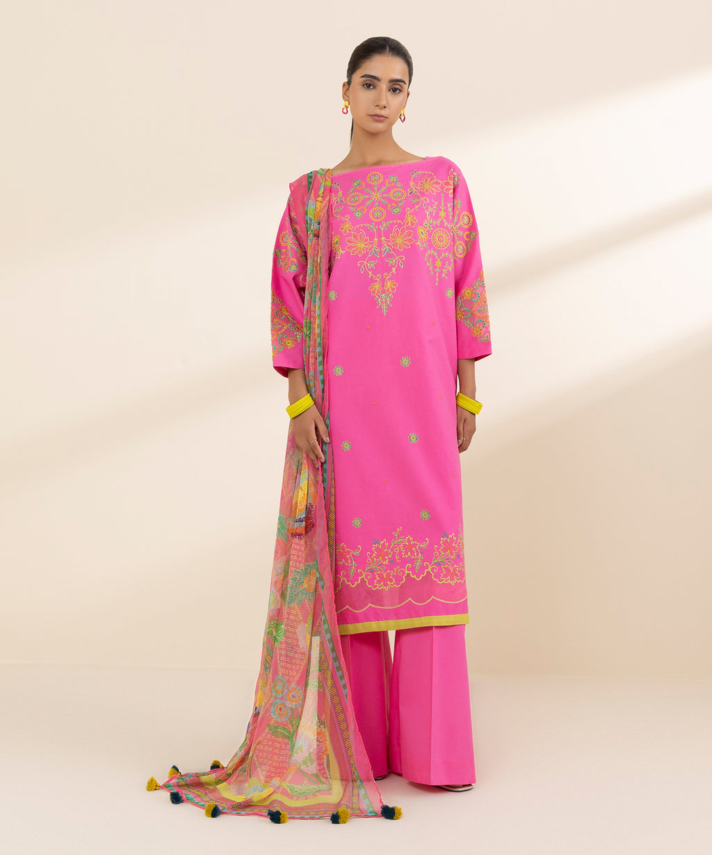 Women's Unstitched Lawn Embroidered Pink 3 Piece Suit