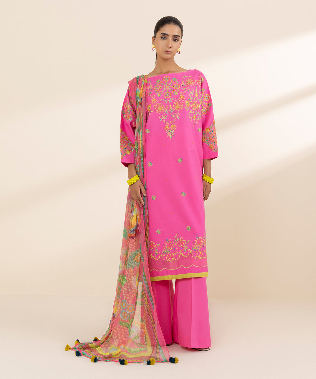 Women's Unstitched Lawn Embroidered Pink 3 Piece Suit