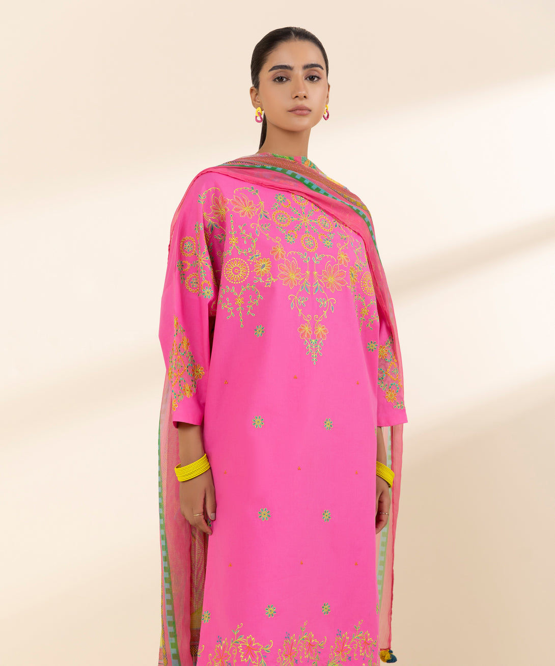 Women's Unstitched Lawn Embroidered Pink 3 Piece Suit