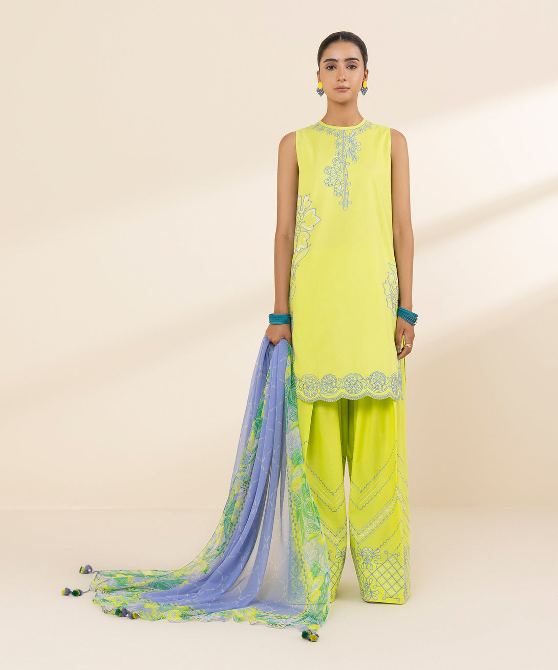 Women's Unstitched Lawn Embroidered Yellow 3 Piece Suit