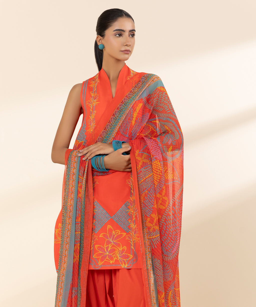 Women's Unstitched Lawn Embroidered Orange 3 Piece Suit