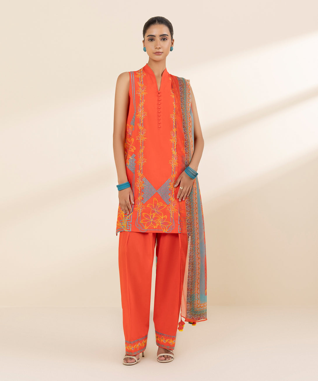 Women's Unstitched Lawn Embroidered Orange 3 Piece Suit