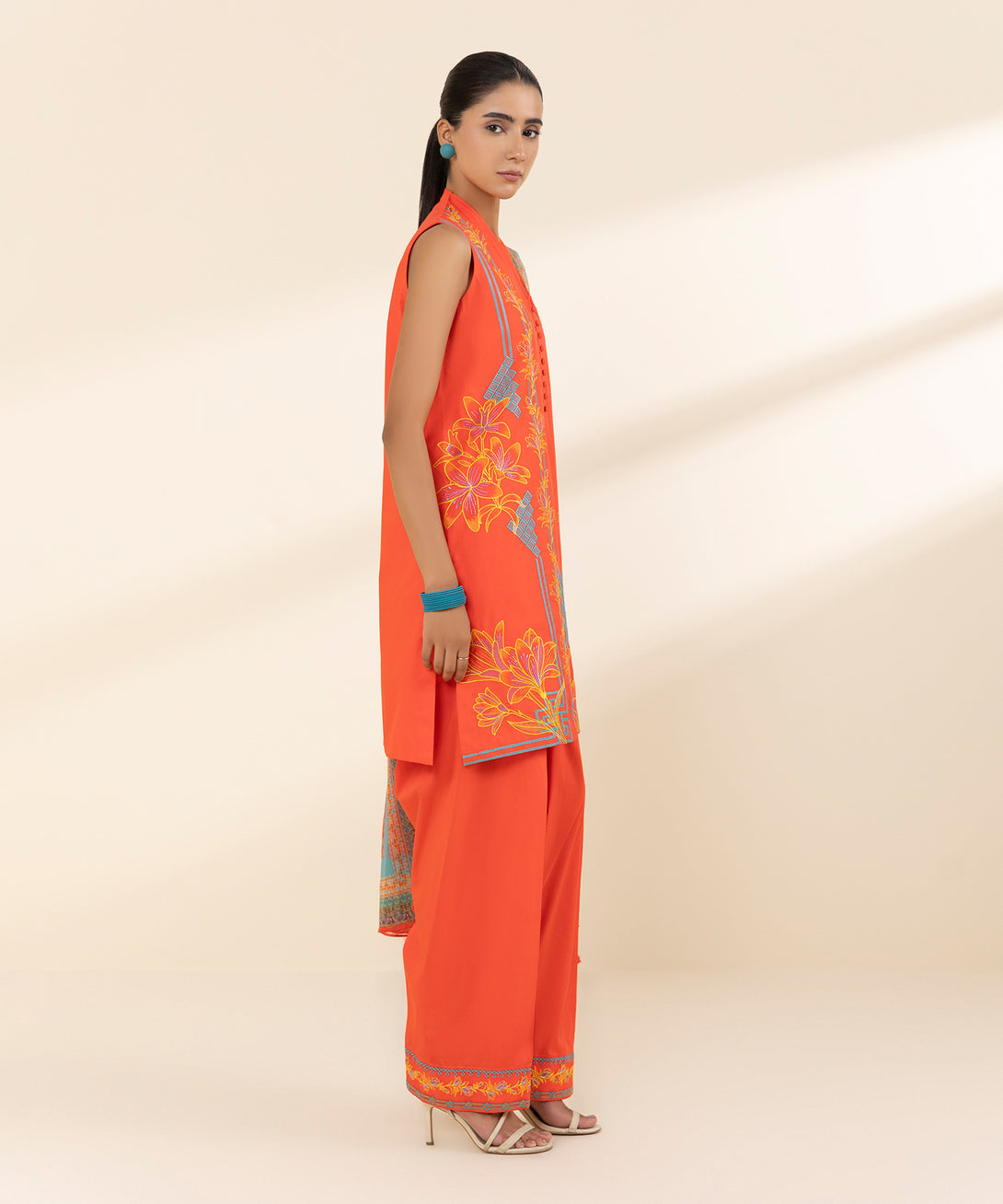 Women's Unstitched Lawn Embroidered Orange 3 Piece Suit