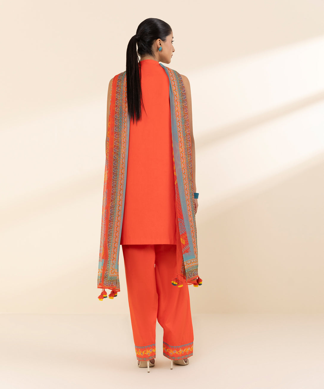 Women's Unstitched Lawn Embroidered Orange 3 Piece Suit