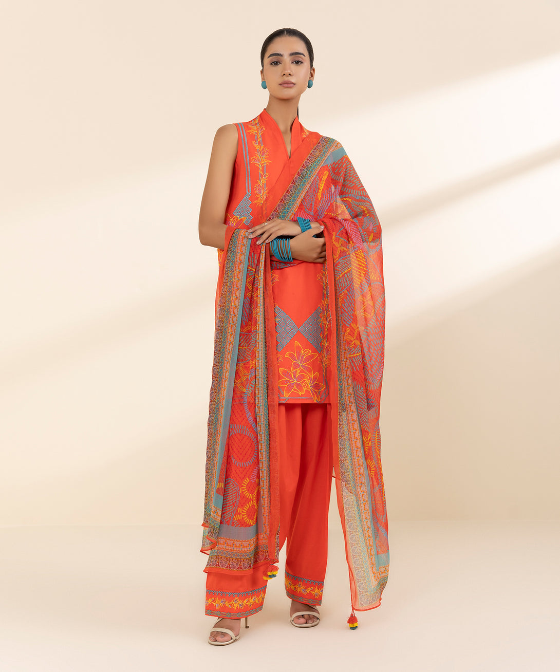 Women's Unstitched Lawn Embroidered Orange 3 Piece Suit
