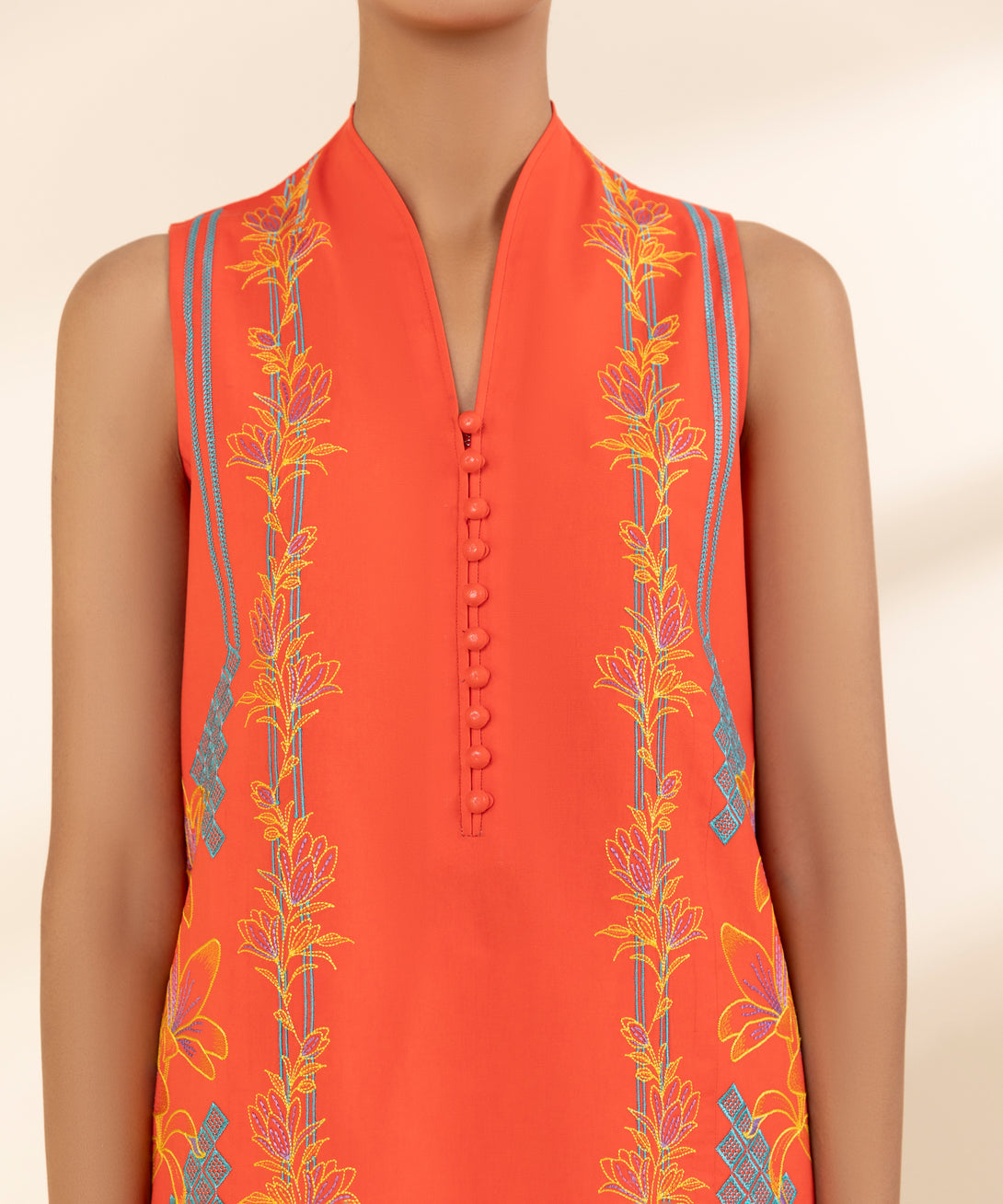 Women's Unstitched Lawn Embroidered Orange 3 Piece Suit