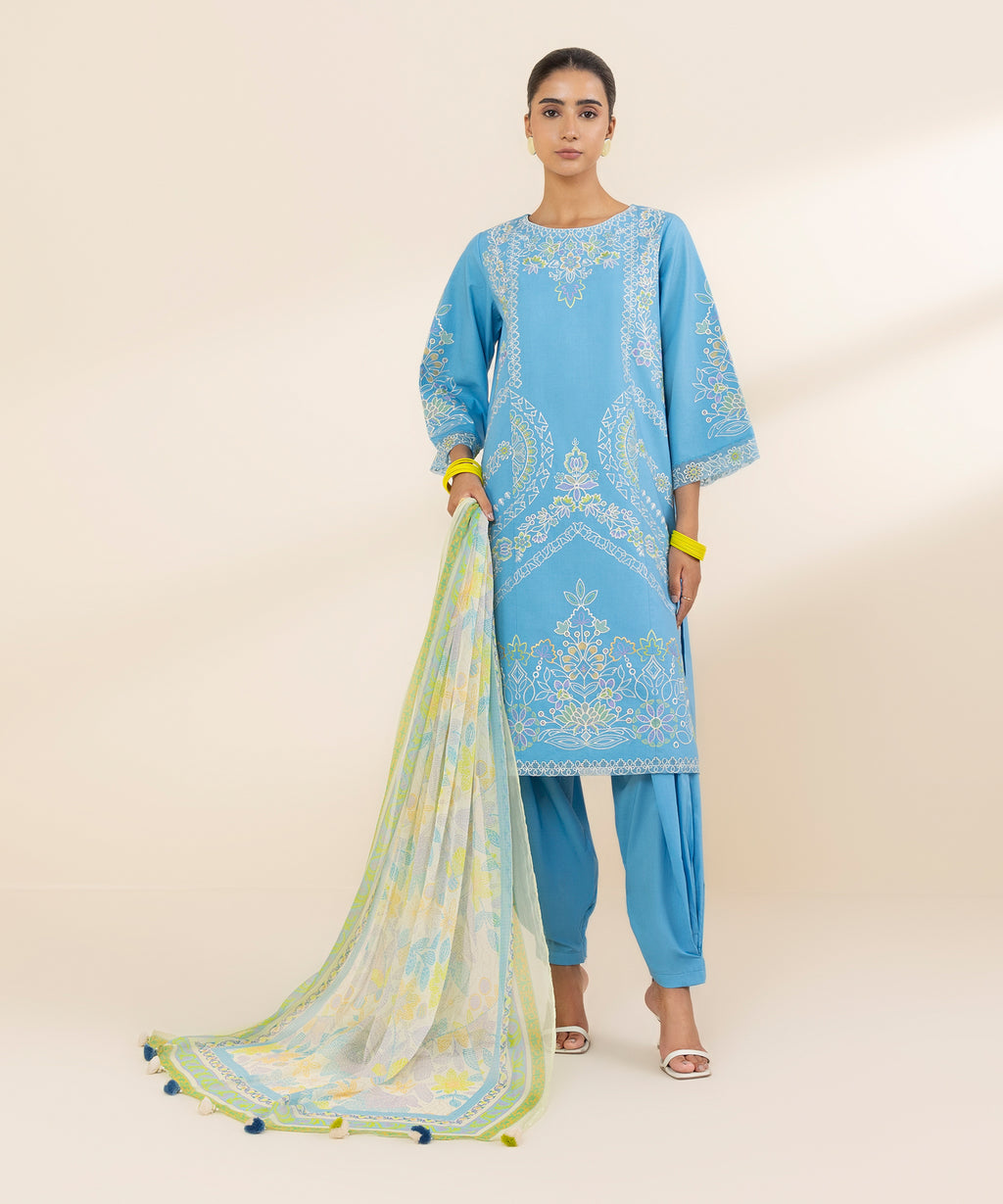 Women's Unstitched Lawn Embroidered Blue 3 Piece Suit