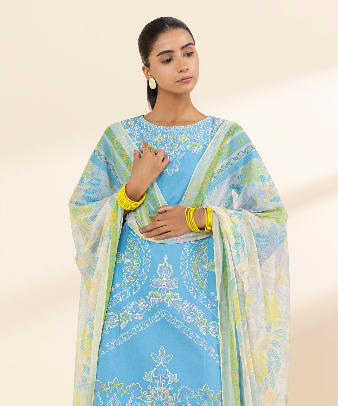 Women's Unstitched Lawn Embroidered Blue 3 Piece Suit