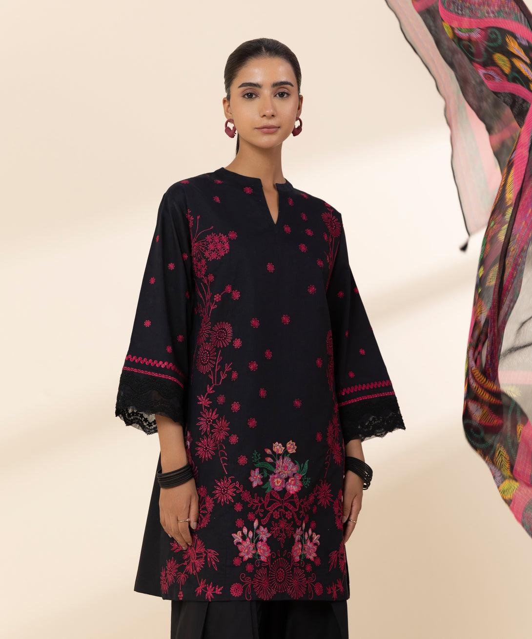 Women's Unstitched Lawn Embroidered Black 3 Piece Suit