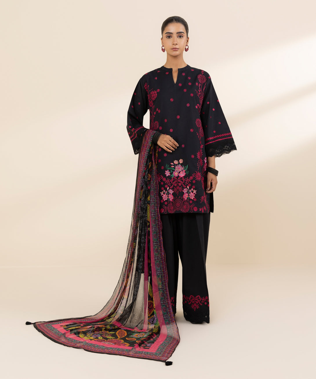 Women's Unstitched Lawn Embroidered Black 3 Piece Suit