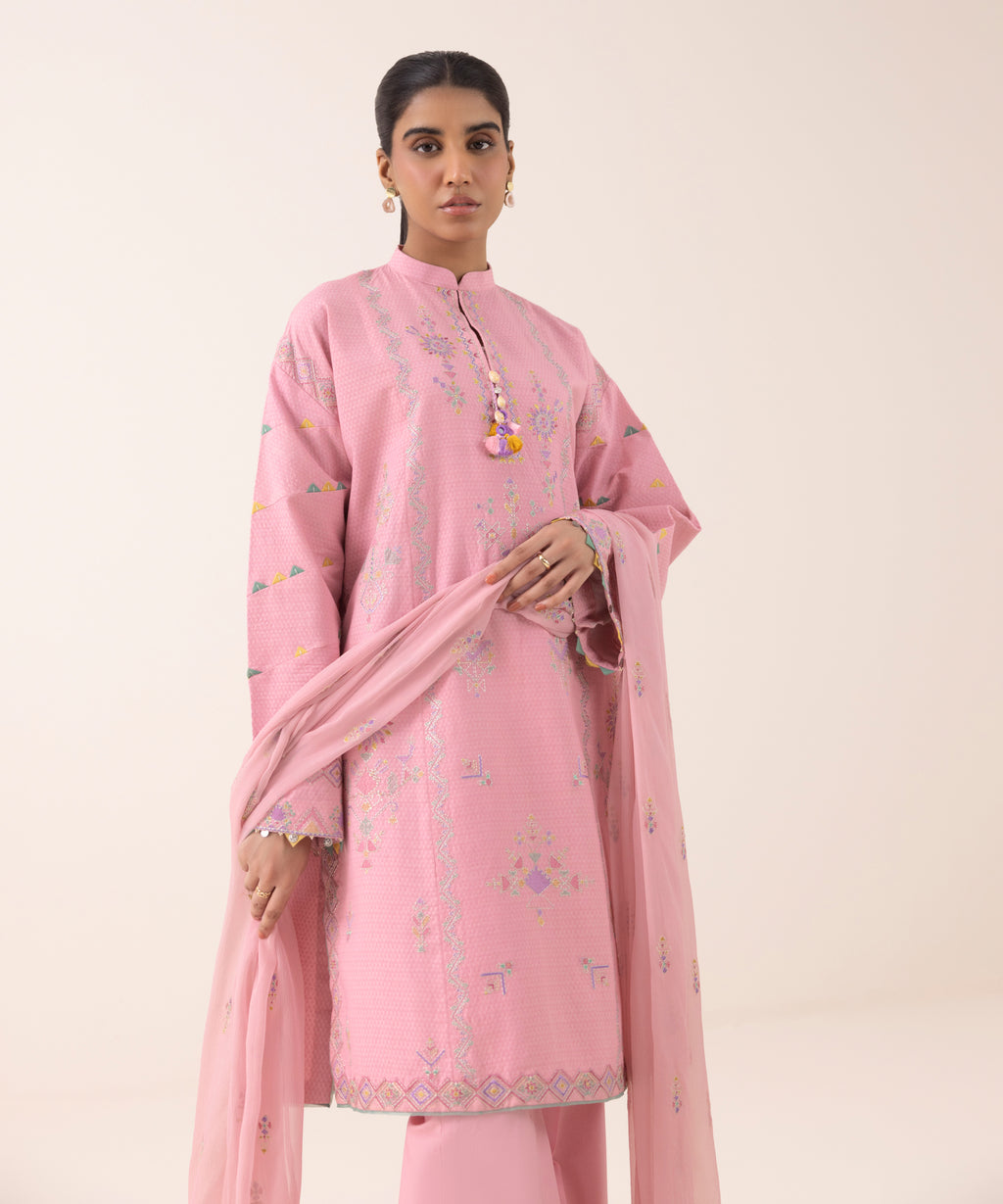 Women's Unstitched Dobby Embroidered Pink 3 Piece Suit
