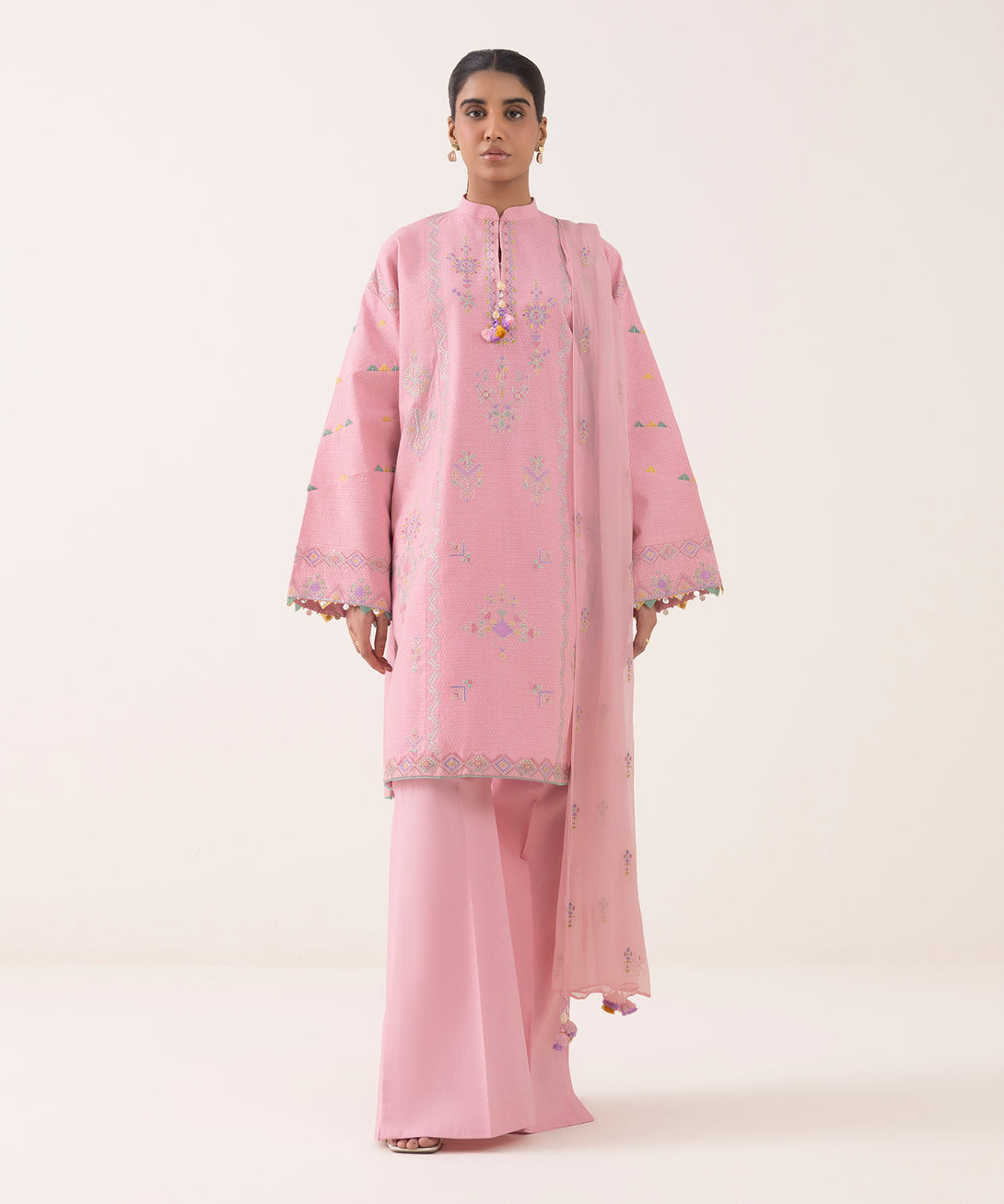 Women's Unstitched Dobby Embroidered Pink 3 Piece Suit