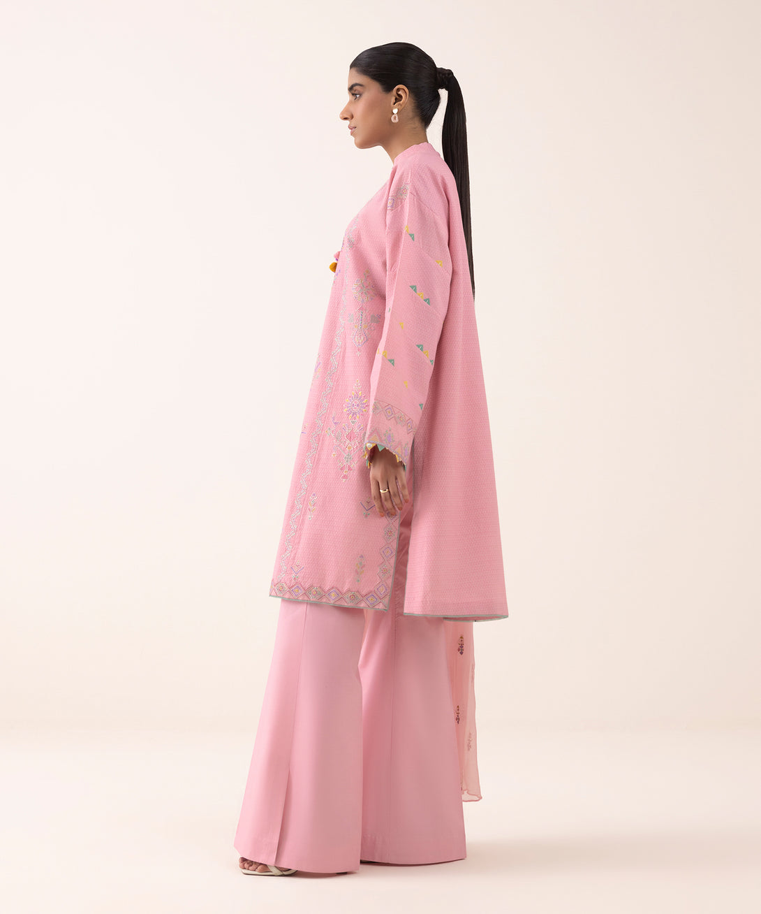 Women's Unstitched Dobby Embroidered Pink 3 Piece Suit