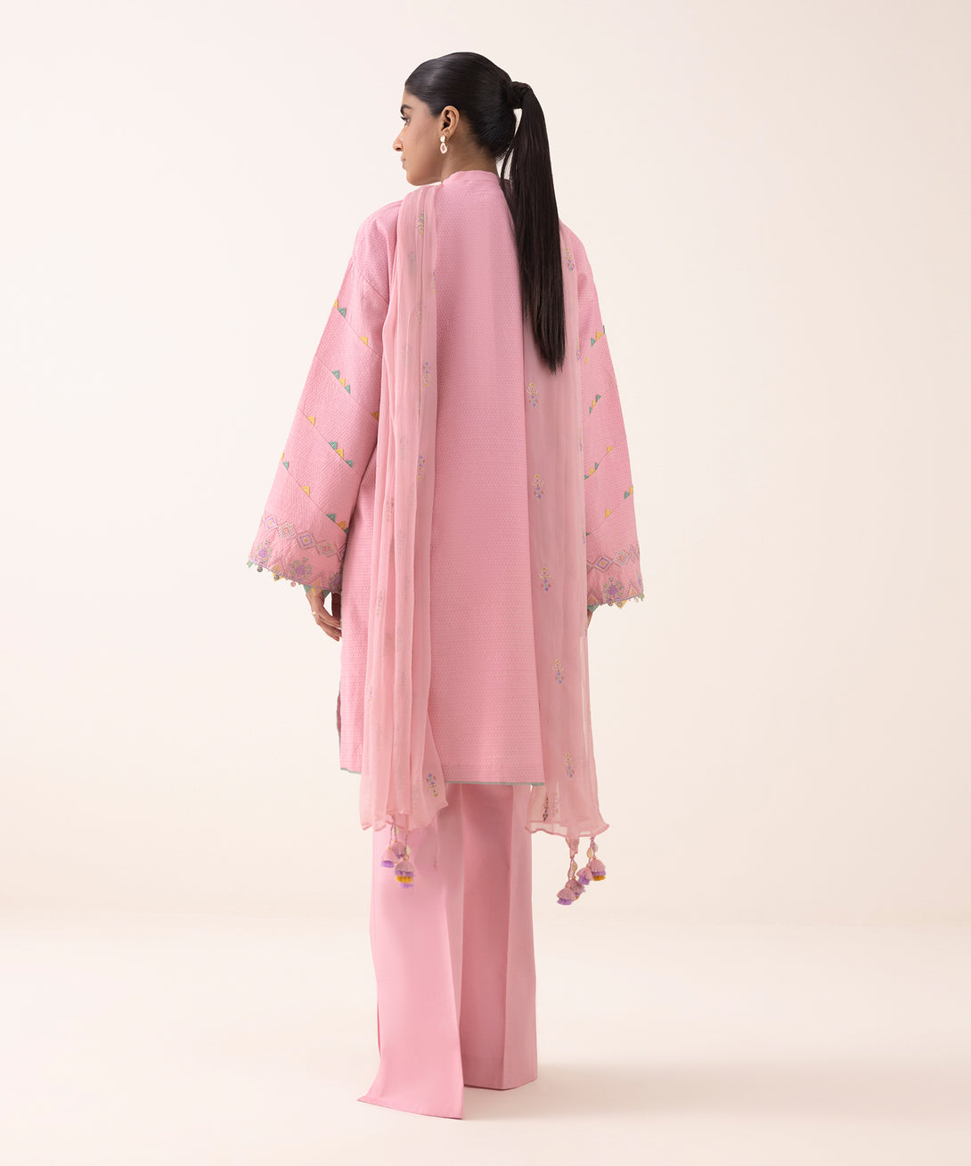 Women's Unstitched Dobby Embroidered Pink 3 Piece Suit