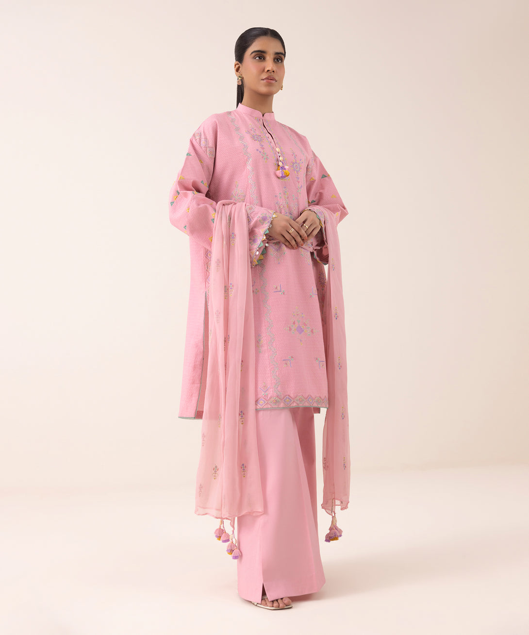 Women's Unstitched Dobby Embroidered Pink 3 Piece Suit