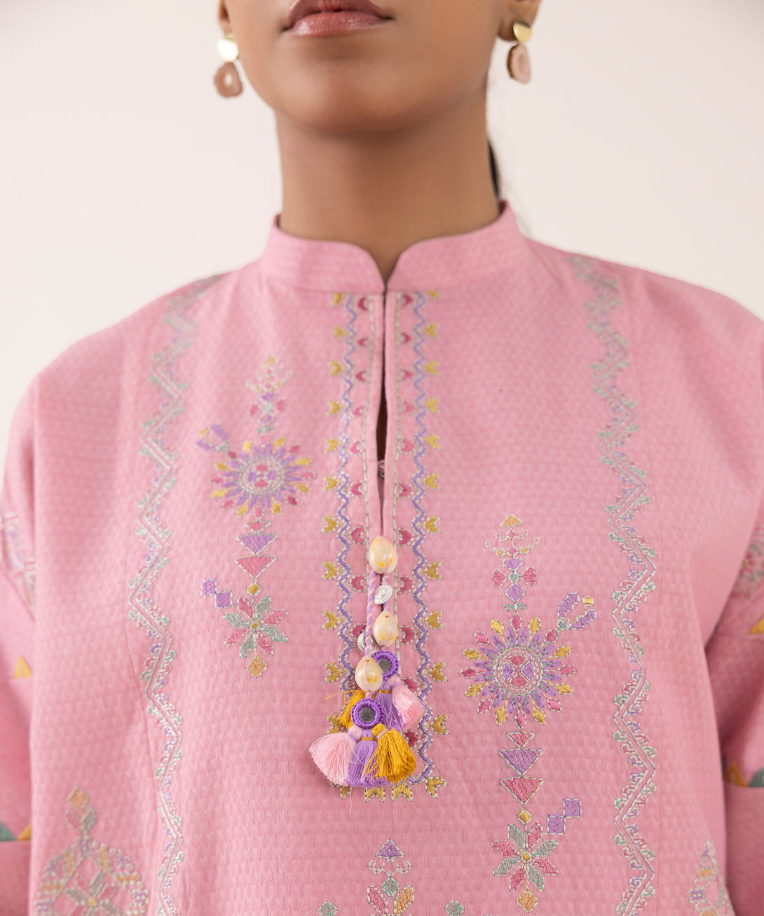 Women's Unstitched Dobby Embroidered Pink 3 Piece Suit
