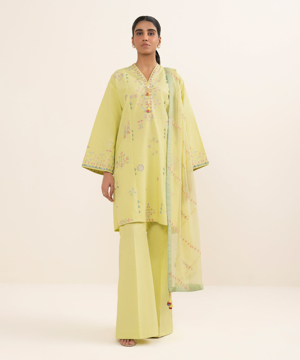 Women's Unstitched Dobby Embroidered Yellow 3 Piece Suit