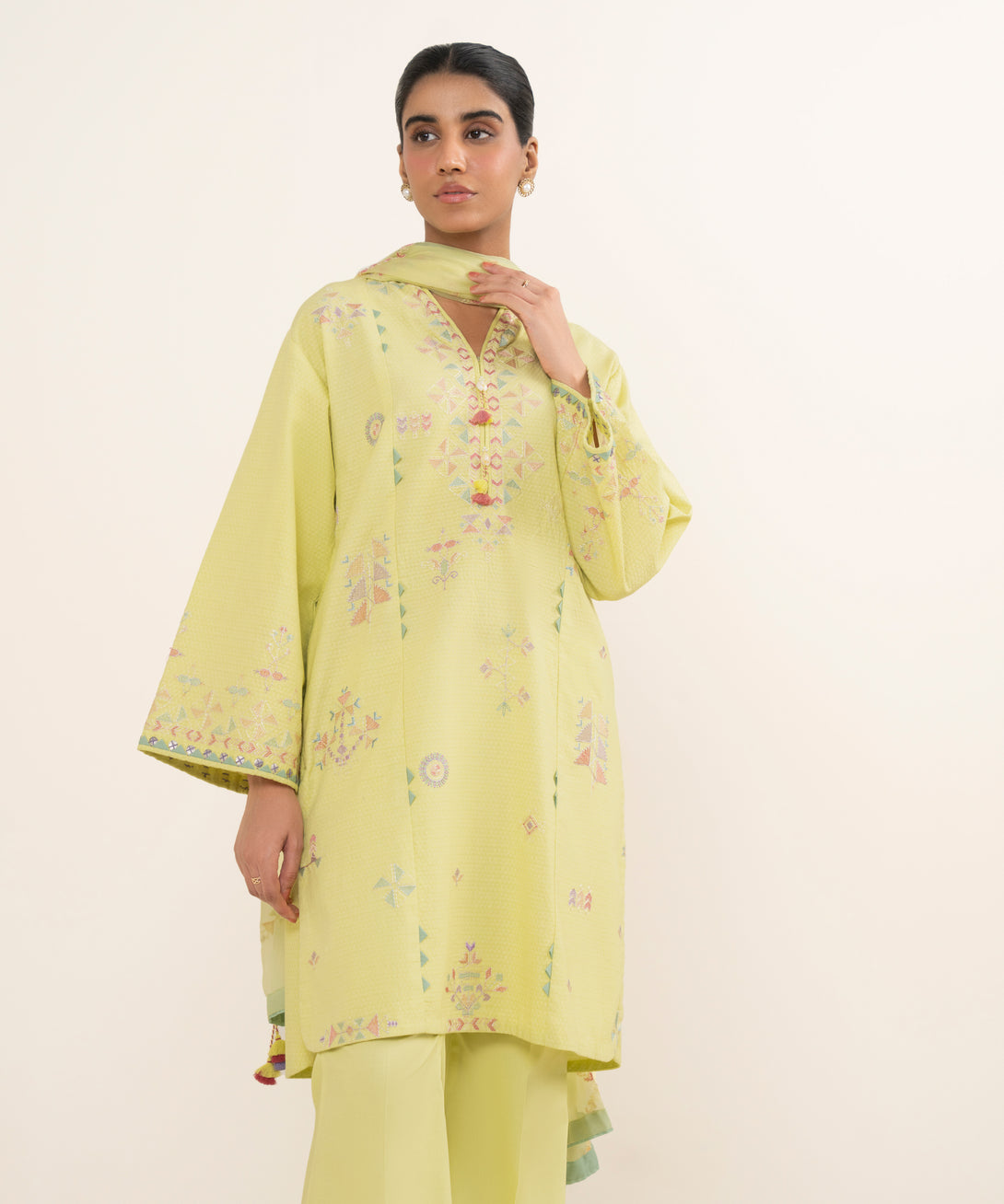 Women's Unstitched Dobby Embroidered Yellow 3 Piece Suit