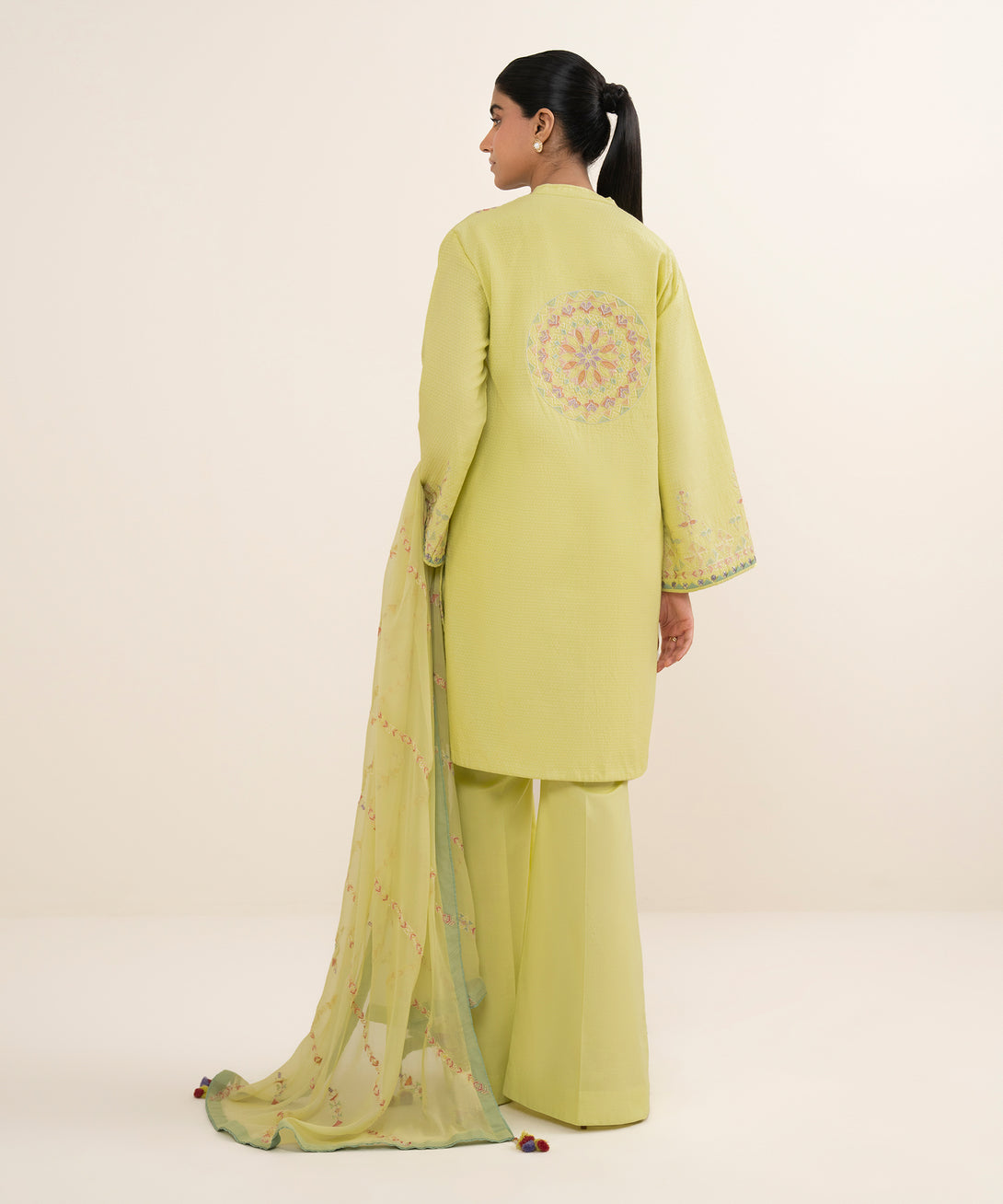 Women's Unstitched Dobby Embroidered Yellow 3 Piece Suit