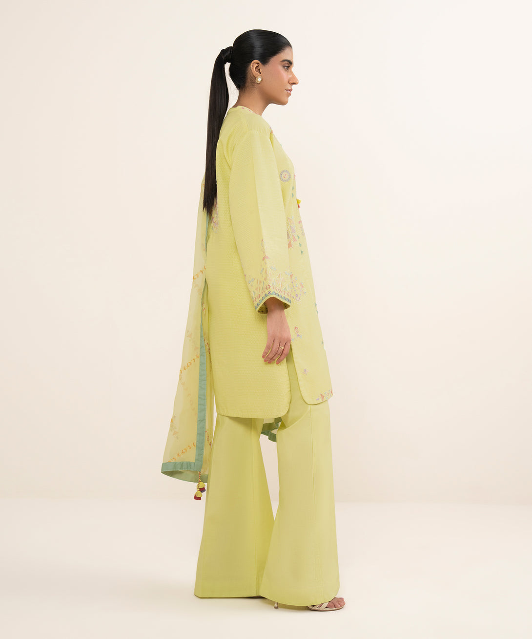 Women's Unstitched Dobby Embroidered Yellow 3 Piece Suit
