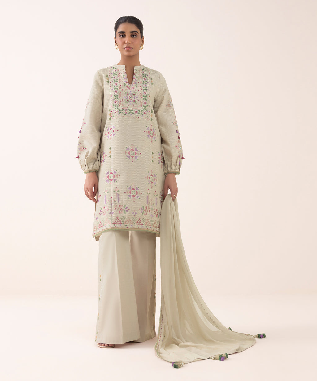 Women's Unstitched Dobby Embroidered Beige 3 Piece Suit