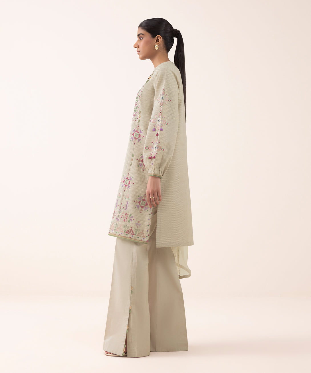 Women's Unstitched Dobby Embroidered Beige 3 Piece Suit