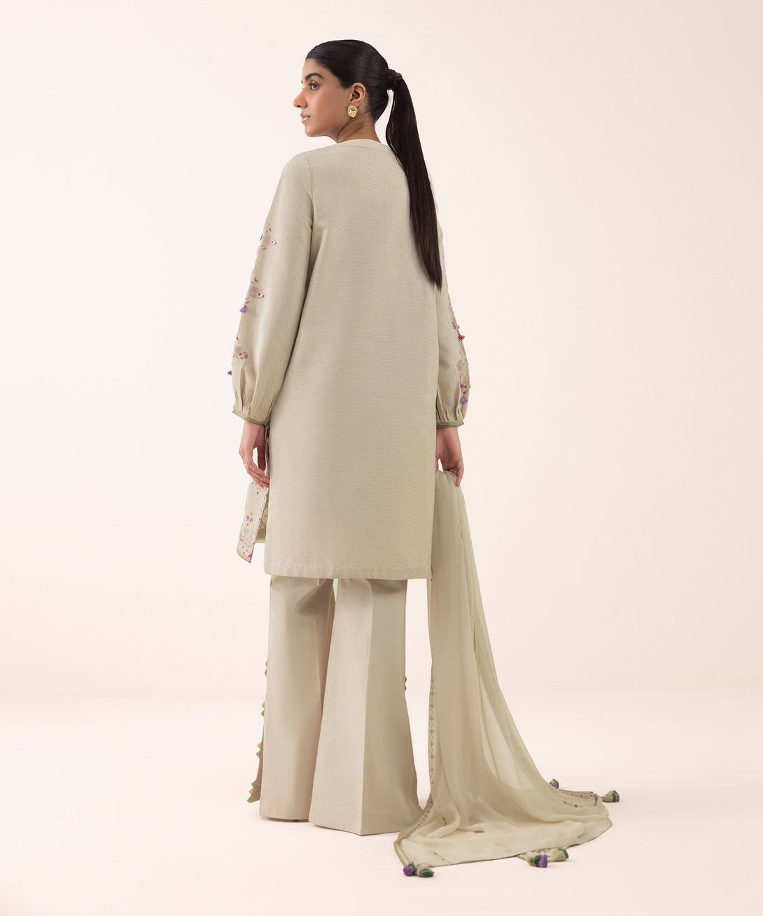 Women's Unstitched Dobby Embroidered Beige 3 Piece Suit