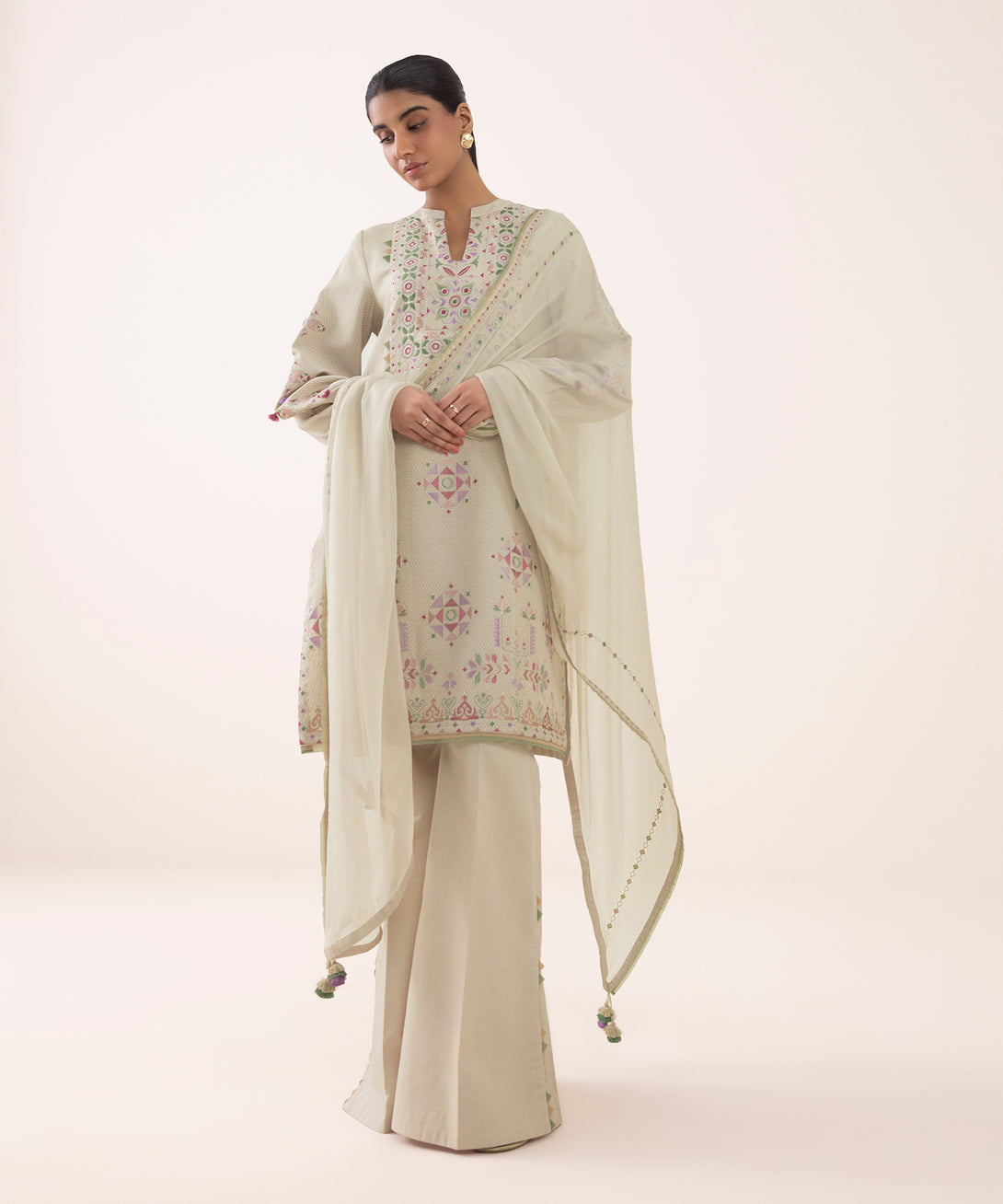 Women's Unstitched Dobby Embroidered Beige 3 Piece Suit