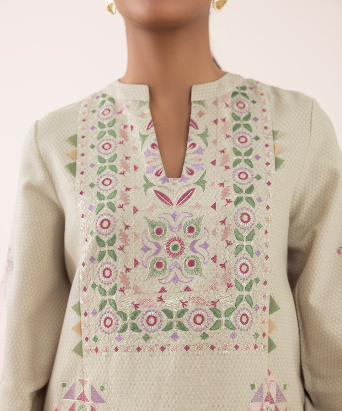 Women's Unstitched Dobby Embroidered Beige 3 Piece Suit