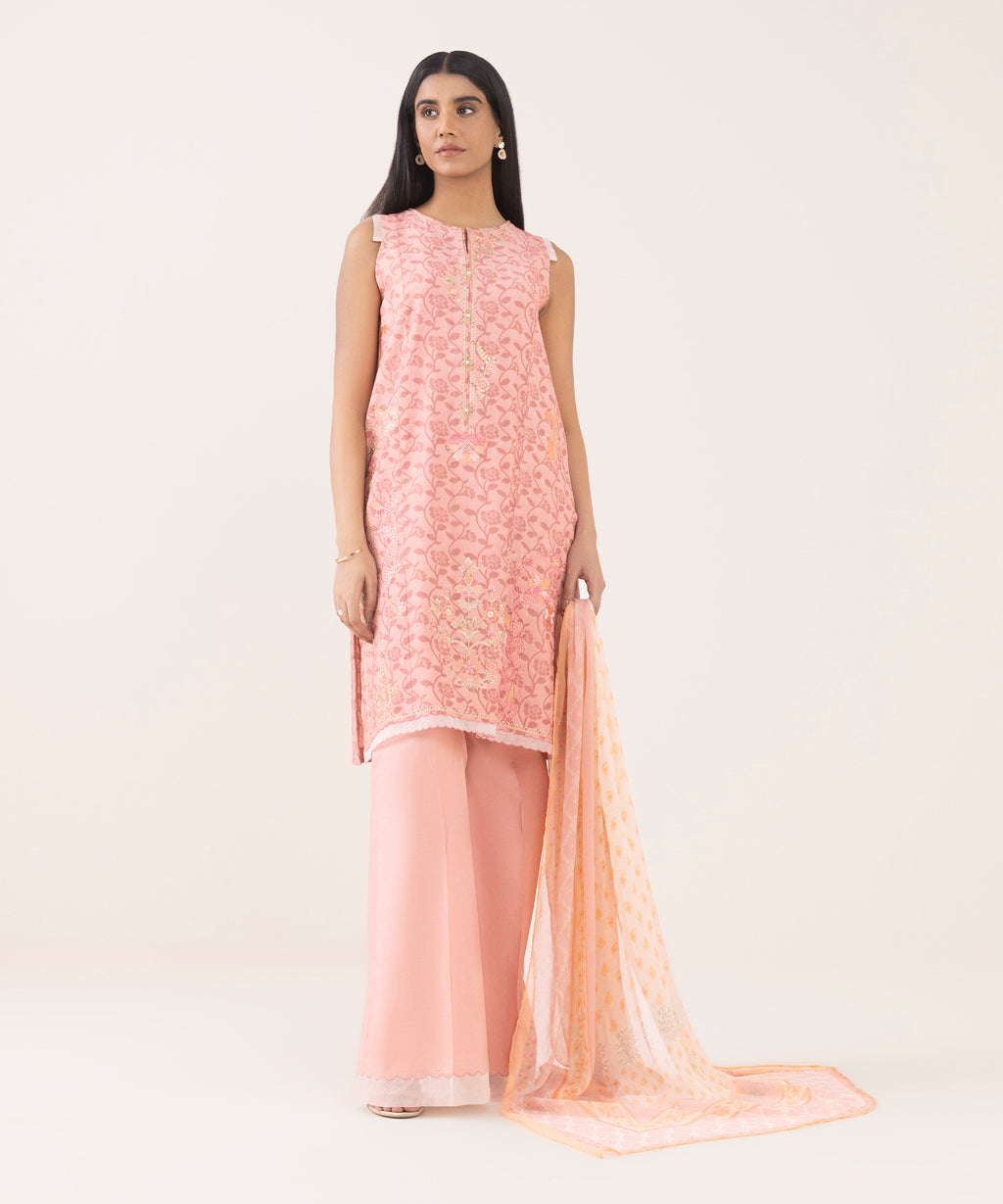 Women's Unstitched Jacquard Embroidered Pink Three Piece Suit