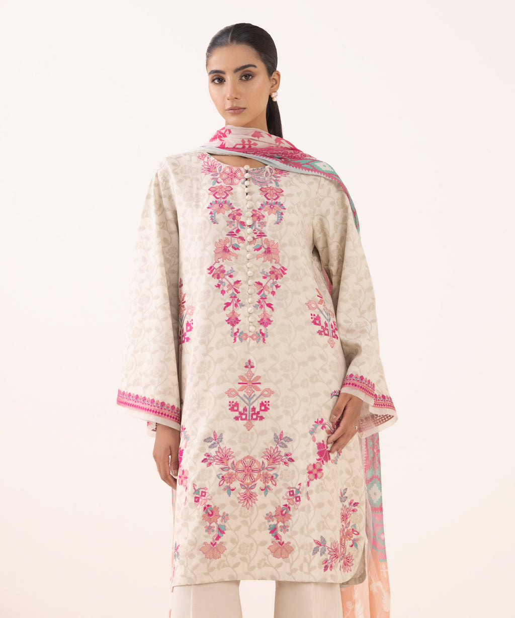 Women's Unstitched Jacquard Embroidered Off White Three Piece Suit