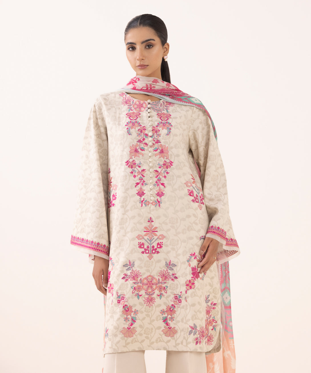 Women's Unstitched Jacquard Embroidered Off White Three Piece Suit