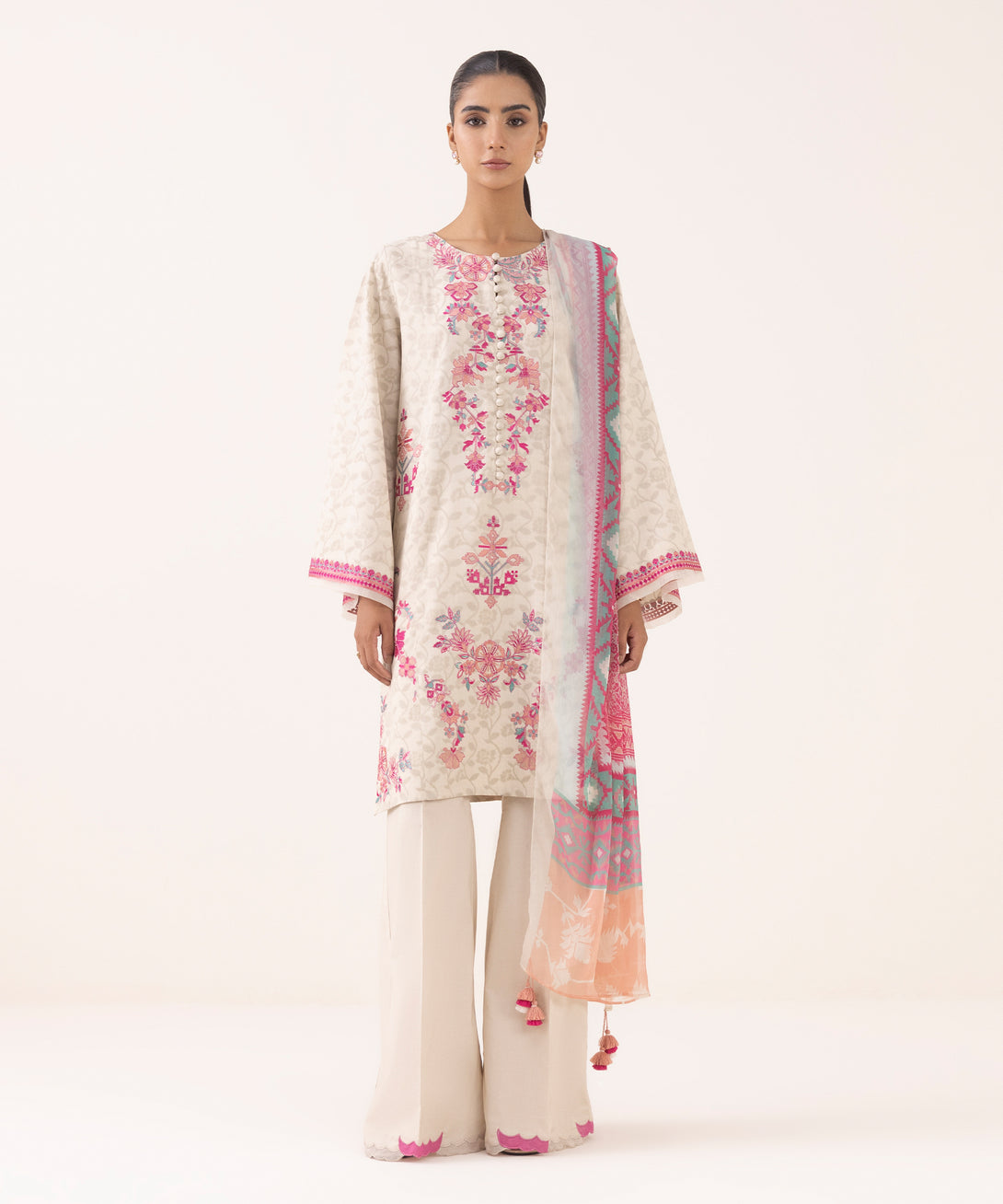 Women's Unstitched Jacquard Embroidered Off White Three Piece Suit
